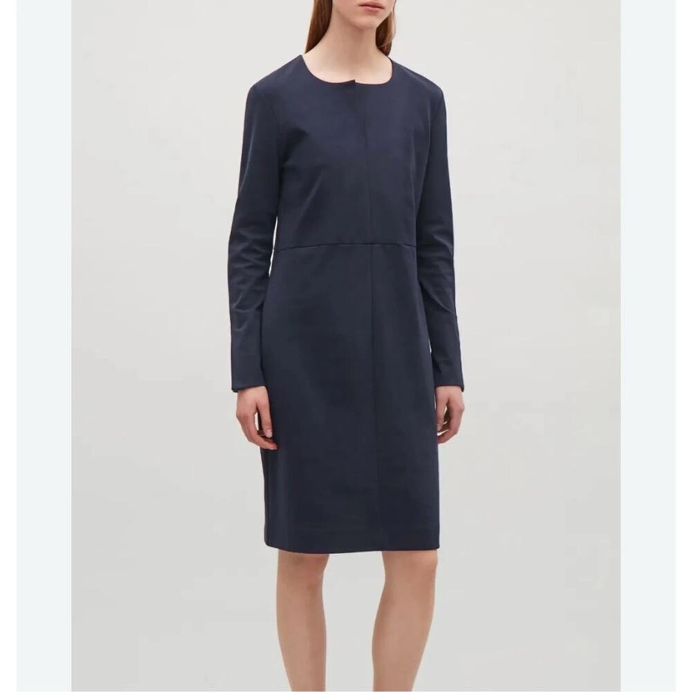 COS Navy Blue Long Sleeve Shift Dress Size S Small Minimalist Split Neck Midi